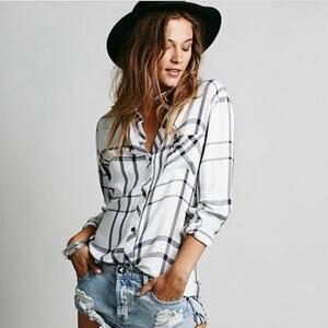 Rails x Free People Draped in Plaid Hunter Flannel Shirt Sz Small Navy and White